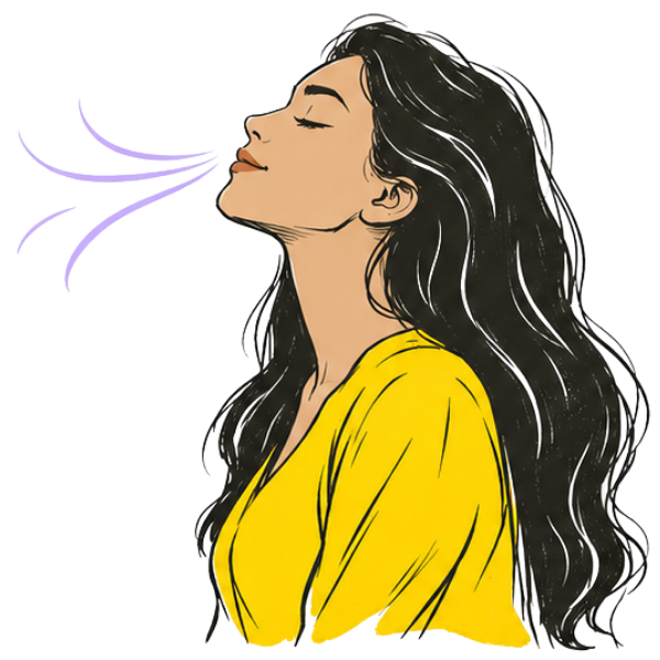 Ilustração de uma mulher respirando fundo de olhos fechados